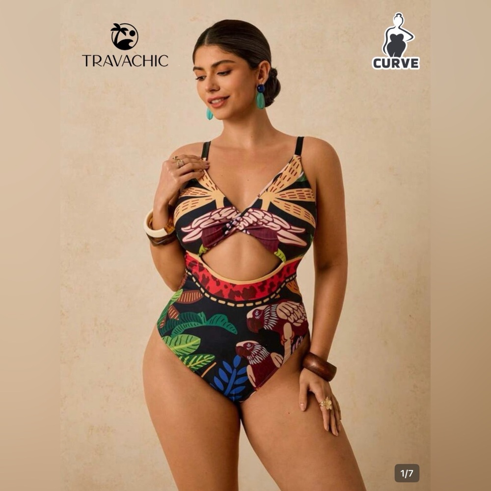 SHEIN Plus Size Tropical Print One Piece Swimsuit Size 2X